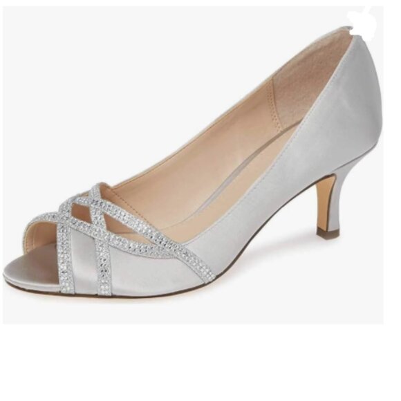 XYD Light Grey Rhinestones Wedding Kitten Heel Dress Pumps Peep Toe Slip on Shoe - Picture 1 of 8